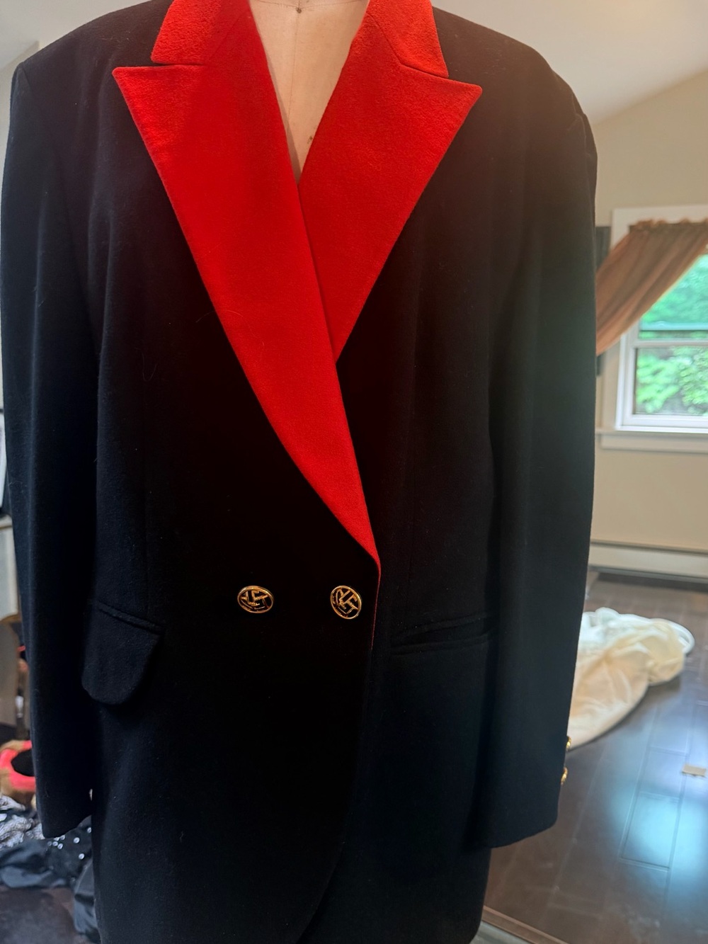 Louis Feraud Black Tuxedo Jacket with Gold Buttons and Red lapels